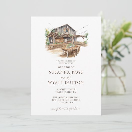 Rustikale Aquarellmühle Einladung zur Hochzeit (Stehend Vorderseite)