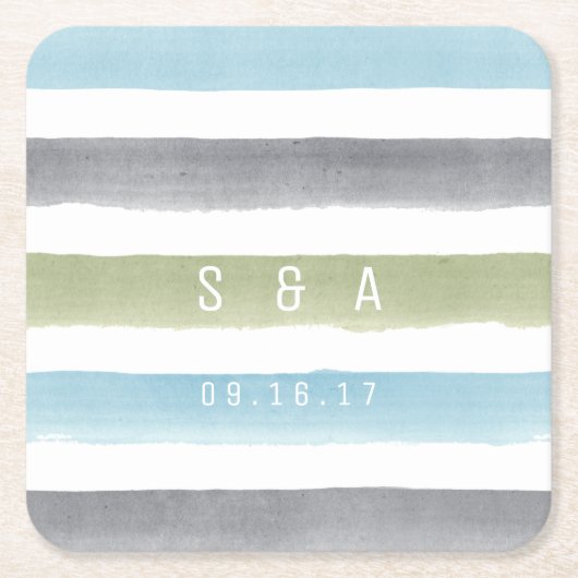 Rustikale Aquarellstreifen-Mono-Strandhochzeit Rechteckiger Pappuntersetzer (Vorderseite)