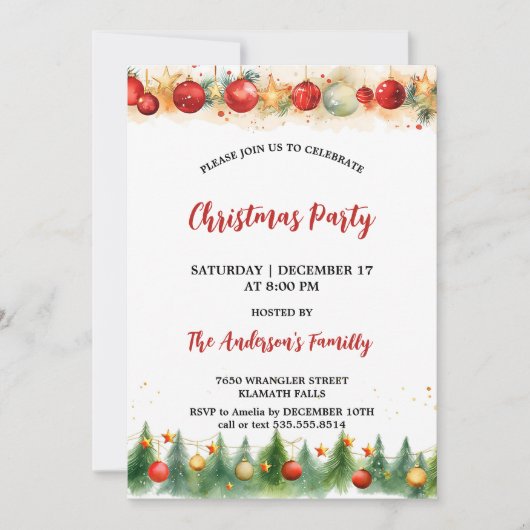 Rustikale Aquarellverzierungen & Pine Weihnachtsge Einladung (Vorderseite)