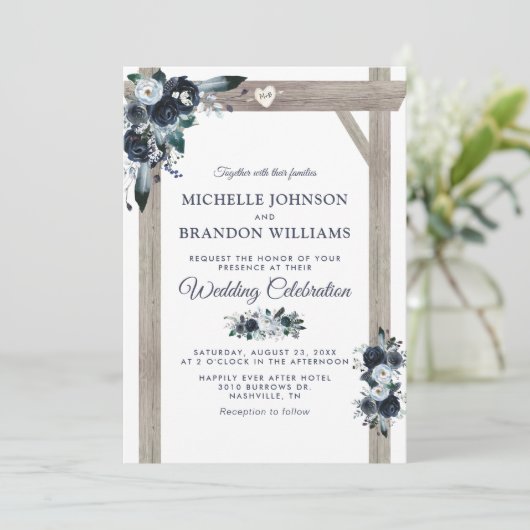 Rustikale Arch Dusty Blue Floral Wedding Einladung (Stehend Vorderseite)