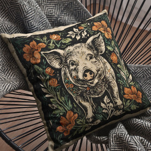 Rustikale Art Nouveau Bauernhaus-Schweine-Blumenve Kissen