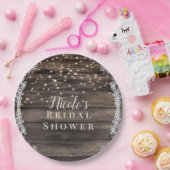 Rustikale Asche Brown Wood Lace & Lights Wedding B Pappteller (Party)