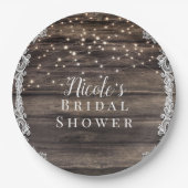 Rustikale Asche Brown Wood Lace & Lights Wedding B Pappteller (Vorderseite)