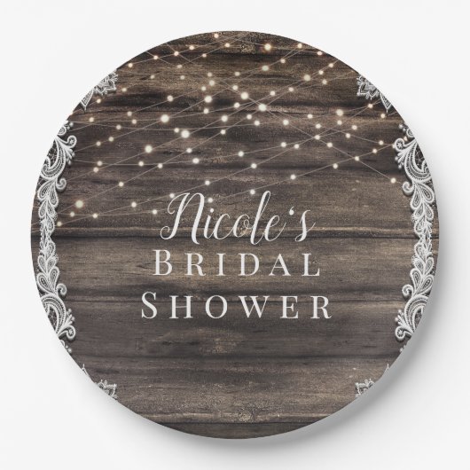 Rustikale Asche Brown Wood Lace & Lights Wedding B Pappteller (Vorderseite)