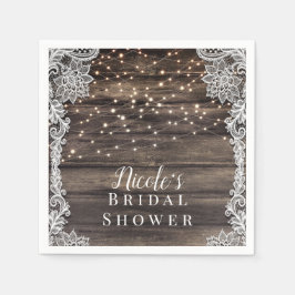 Rustikale Asche Brown Wood Lace & Lights Wedding B Serviette