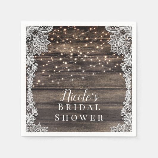 Rustikale Asche Brown Wood Lace & Lights Wedding B Serviette (Vorderseite)