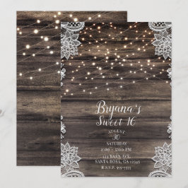 Rustikale Asche Brown Wood Lights Sweet 16 Party Einladung