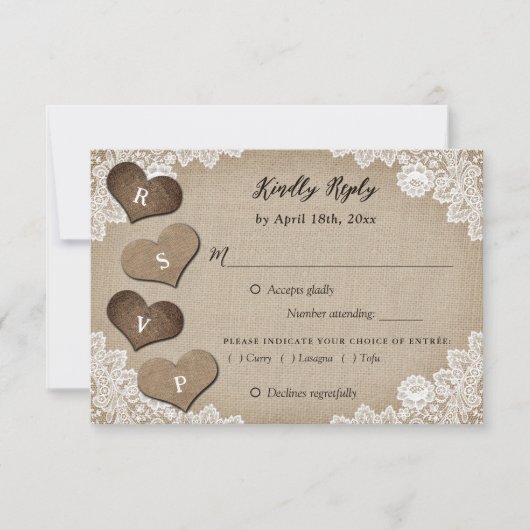Rustikale Auswahl aus Holz-Burlap Lace Wedding RSV RSVP Karte (Vorderseite)