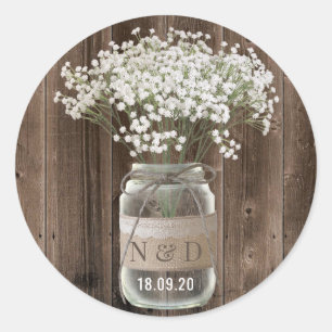 Rustikale Baby-Atem-Blumen im Glas Holz-Hochzeit Runder Aufkleber