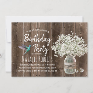Rustikale Baby-Atem-Glasvase & Kolibri-Geburtstag Einladung