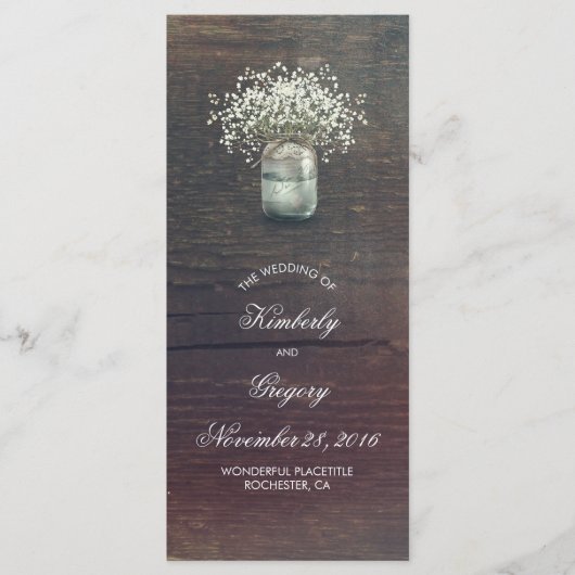 Rustikale Baby-Atem-Mason-Glas-Hochzeitsprogramme Programm (Vorderseite)