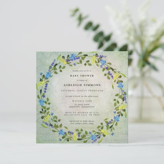 Rustikale Baby-Dusche in Gelb und Blauer Flora Einladung (Stehend Vorderseite)