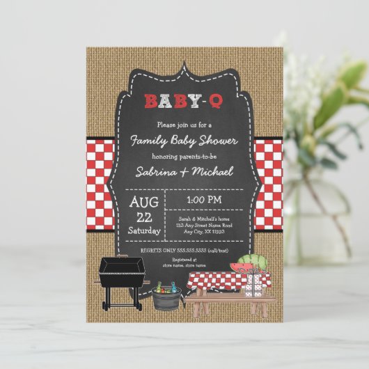 Rustikale Baby Q Dusche Einladung (Stehend Vorderseite)