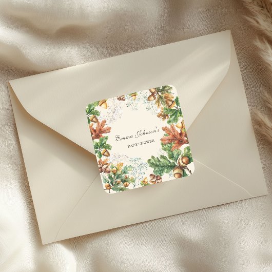 Rustikale Baby Shower im Herbstwald Quadratischer Aufkleber