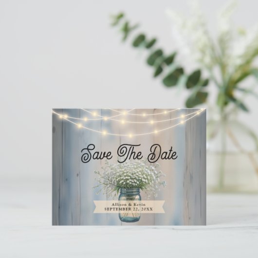 Rustikale Babybrille & String Lights Save the Date Postkarte (Stehend Vorderseite)