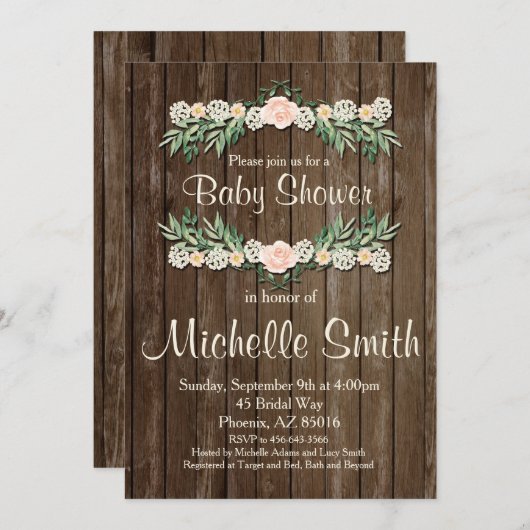 Rustikale Babydusche Einladung, Rose, Blumenkohl Einladung (Vorne/Hinten)