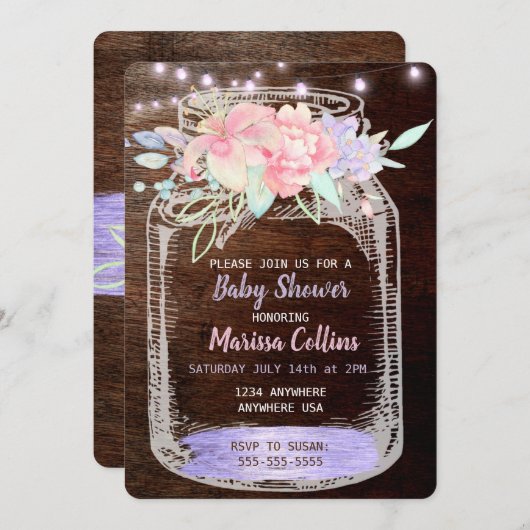 Rustikale Babydusche, Mason Jar Lights Boho Floral Einladung (Vorne/Hinten)