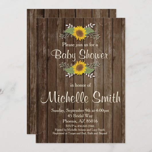 Rustikale Babydusche, Sonnenblume, Blumenbeete Einladung (Vorne/Hinten)