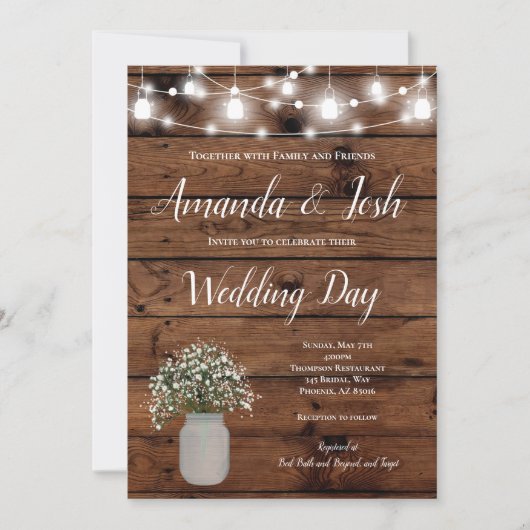 Rustikale Babys Breath Mason Jar Country Wedding Einladung (Vorderseite)