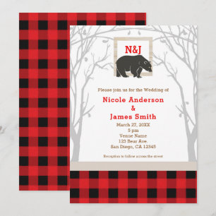 Rustikale Bären & Rotkarierte Wälder Hochzeitseinl Einladung