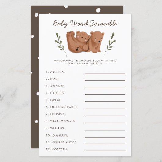 Rustikale Bären Twins Baby Word Scramble Game (Vorne/Hinten)