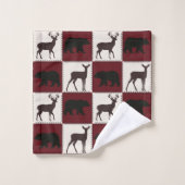 Rustikale Bären- und Hirschplätze, dunkelrote und  Badhandtuch Set (Waschlappen)