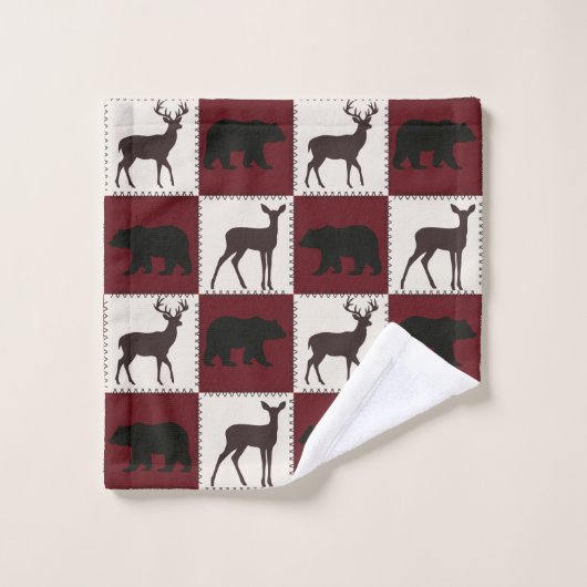 Rustikale Bären- und Hirschplätze, dunkelrote und  Badhandtuch Set (Waschlappen)