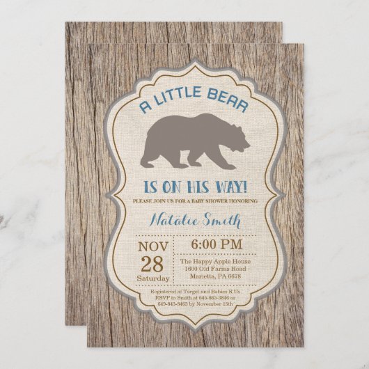 Rustikale Bärendusche Einladung Junge (Vorne/Hinten)