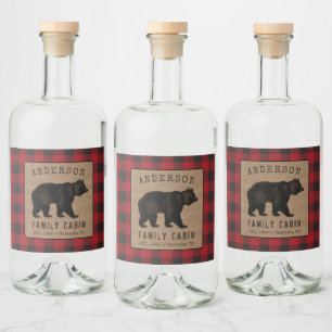 Rustikale Bärenfamilie - rote Karierte Burlap-Lab Alkoholflaschenetikett