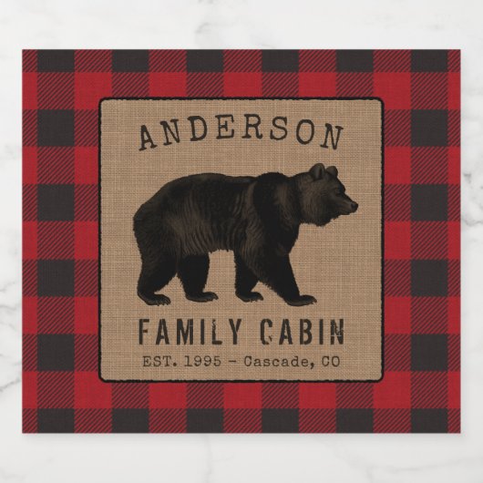 Rustikale Bärenfamilie - rote Karierte Burlap-Labe Alkoholflaschenetikett (Einzelnes Label)