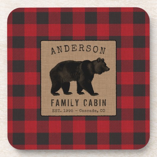 Rustikale Bärenfamilie Rotes Buffalo Kariert Burla Getränkeuntersetzer (Vorderseite)
