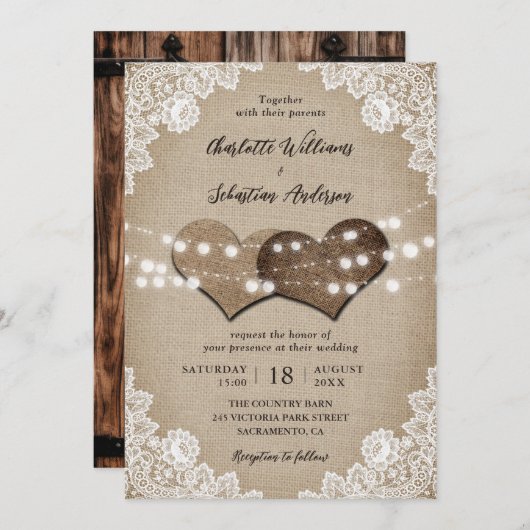 Rustikale Barentüre Beige weiße Burlap Lace Weddin Einladung (Vorne/Hinten)