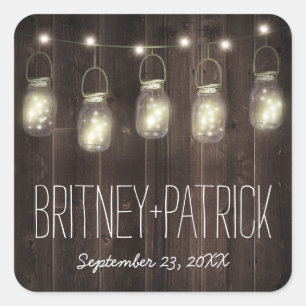 Rustikale Barholz Mason Jar Gastgeschenke Hochzeit Quadratischer Aufkleber