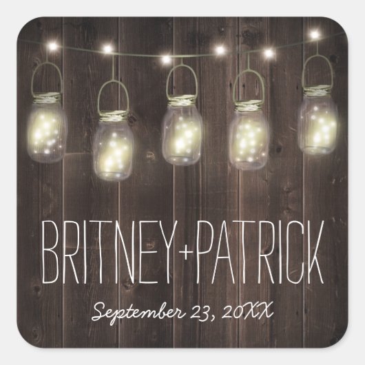 Rustikale Barholz Mason Jar Gastgeschenke Hochzeit Quadratischer Aufkleber (Vorderseite)