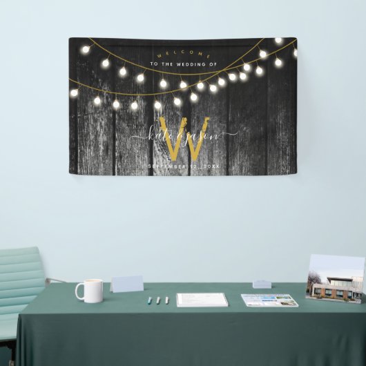 Rustikale Barn Black Wood Gold String Lights Hochz Banner (Messeveranstaltung)