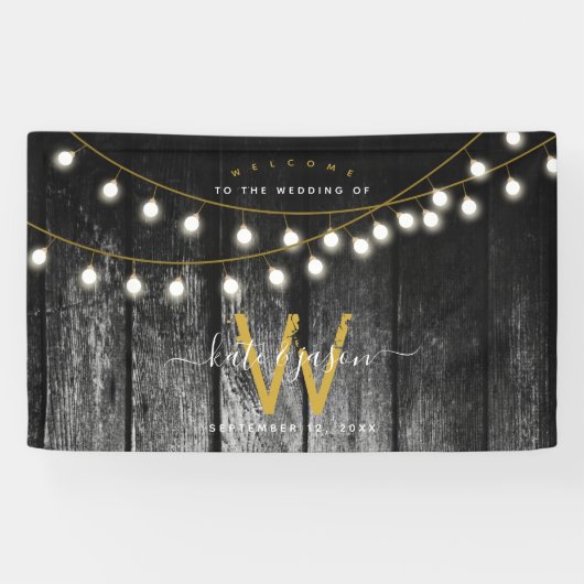 Rustikale Barn Black Wood Gold String Lights Hochz Banner (Horizontal)
