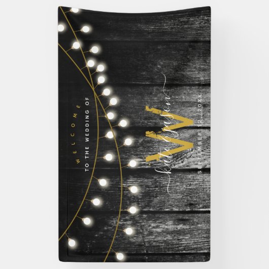 Rustikale Barn Black Wood Gold String Lights Hochz Banner (Vertikal)