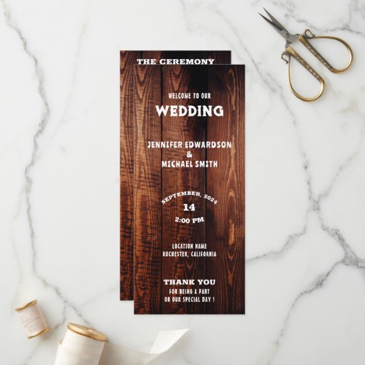 Rustikale Barn-Holz-Typografie ländliche Hochzeit Programm (Vorderseite/Rückseite Beispiel)