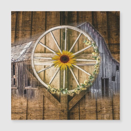 Rustikale Barn Wagon Wheel Sonnenblume Magnetkarte (Vorderseite)