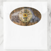 Rustikale Barn Wagon Wheel Sonnenblume Ovaler Aufkleber (Tasche)