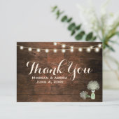 Rustikale Barn Wood Mason Jar String Lights Hochze Dankeskarte (Stehend Vorderseite)