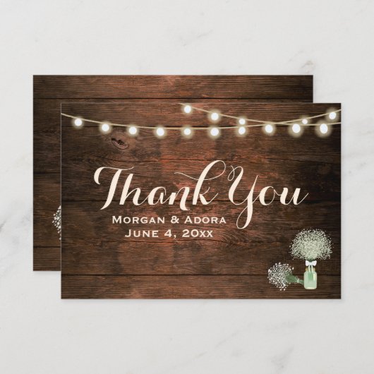 Rustikale Barn Wood Mason Jar String Lights Hochze Dankeskarte (Vorne/Hinten)