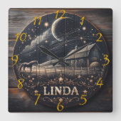 Rustikale Barnacht Sky Wood Carving Art Quadratische Wanduhr (Vorderseite)