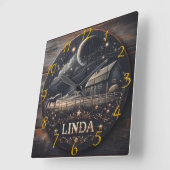 Rustikale Barnacht Sky Wood Carving Art Quadratische Wanduhr (Winkel)