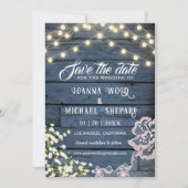 Rustikale Barnavy Blue Holzwand String Lights & La Save The Date (Vorderseite)