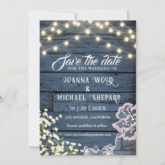 Rustikale Barnavy Blue Holzwand String Lights & La Save The Date (Vorderseite)
