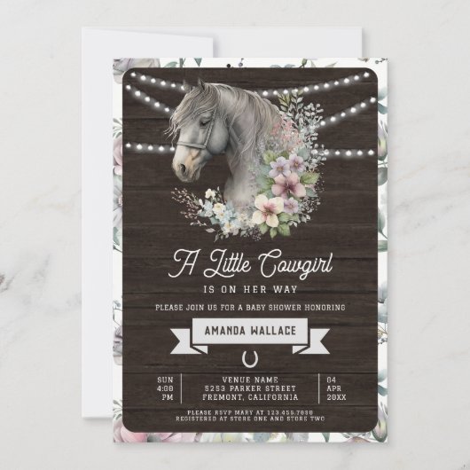 Rustikale Barnholz-Blütenpferd Kinderdusche Einladung (Vorderseite)