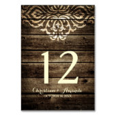 Rustikale Barnholz-Damast-Vintage-Hochzeitskarte Tischnummer (Rückseite)