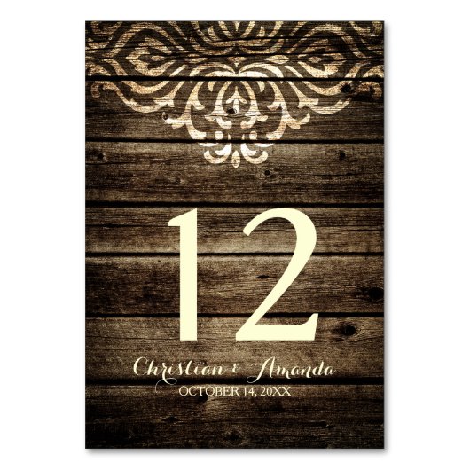 Rustikale Barnholz-Damast-Vintage-Hochzeitskarte Tischnummer (Rückseite)