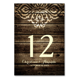 Rustikale Barnholz-Damast-Vintage-Hochzeitskarte Tischnummer